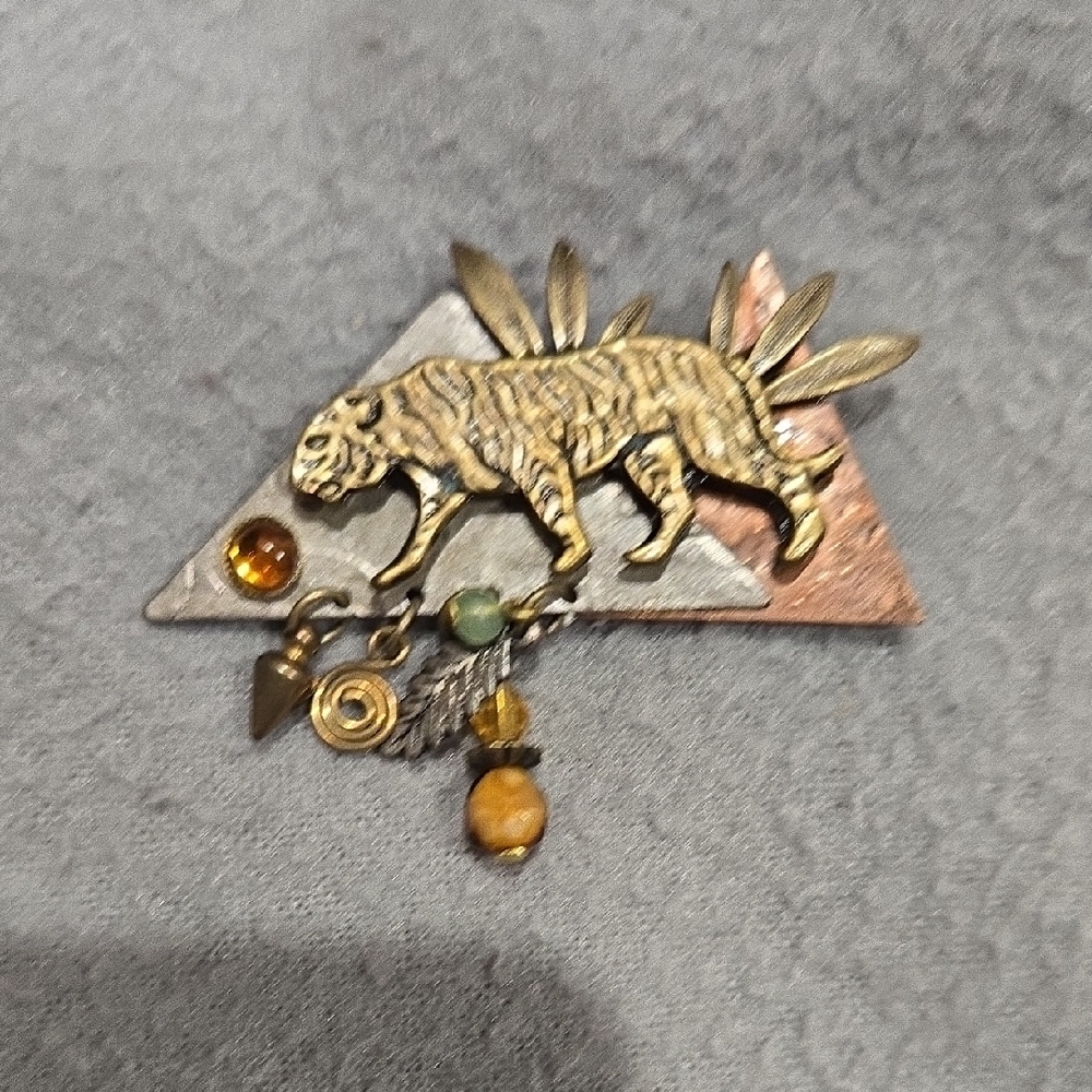 Triangular Tiger Brooch with Beads